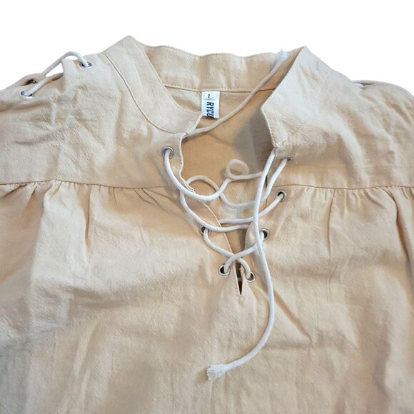 Mens Large Medieval Renaissance Lace-Up Linen Shirt Beige Long Sleeve Pirate - Picture 2 of 12